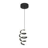 A modern pendant light with a black circular ceiling mount and a spiral-shaped fixture hanging below, featuring integrated LED lighting along the inner edge of the spiral.