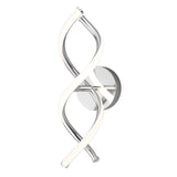 A modern wall sconce light with two intertwined, curved LED bars in a helix shape, attached to a circular chrome base. The design is sleek and contemporary.