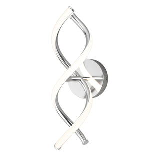 The Artika DNA modern LED wall sconce 3 CCT has two intertwined curved tubes on a chrome base with integrated LEDs, offering a sleek, contemporary look.
