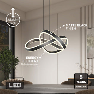 Artika Bolero LED pendant light, matte black, 5 CCT, adjustable height, integrated LED tech & 5-year warranty for tables.