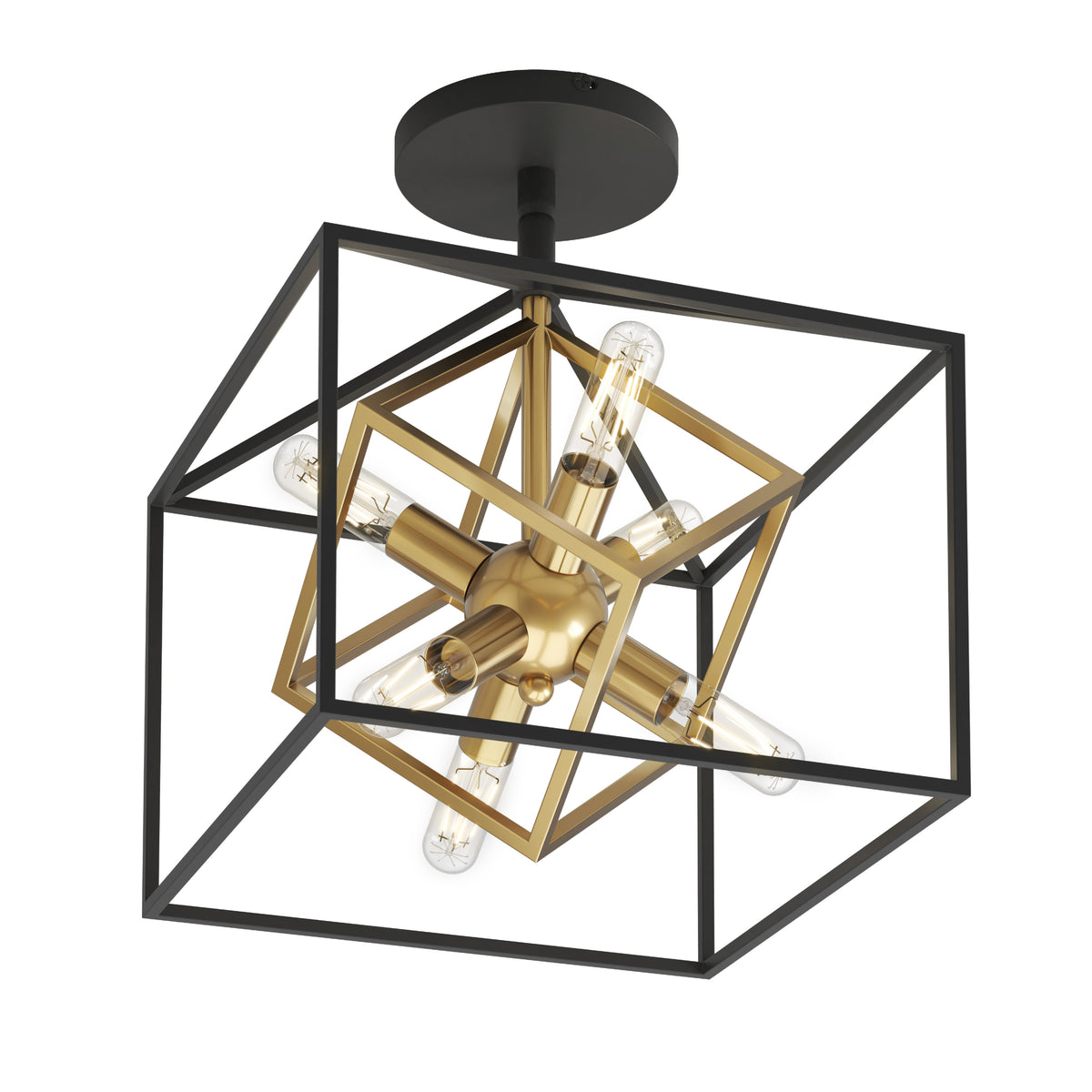 A modern ceiling light fixture with intersecting black and gold geometric frames, featuring exposed bulbs arranged in a starburst pattern at the center.