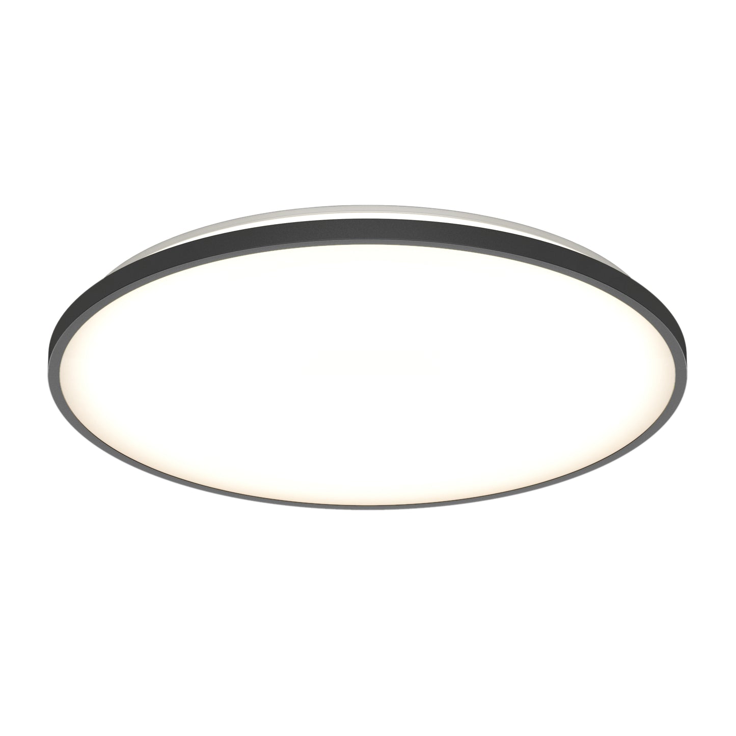 The Artika Europa 21 in. LED modern flush mount light features a sleek round design with a black rim, evenly illuminated white surface, and comes with a remote for convenient control.
