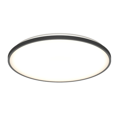 The Artika Europa 21 in. LED modern flush mount light features a sleek round design with a black rim, evenly illuminated white surface, and comes with a remote for convenient control.