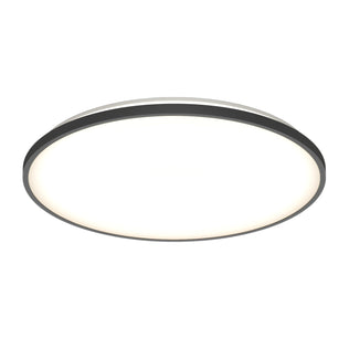 The Artika Europa 21 in. LED modern flush mount light features a black rim and evenly lit white surface, seen from below against a white background. Includes remote control.