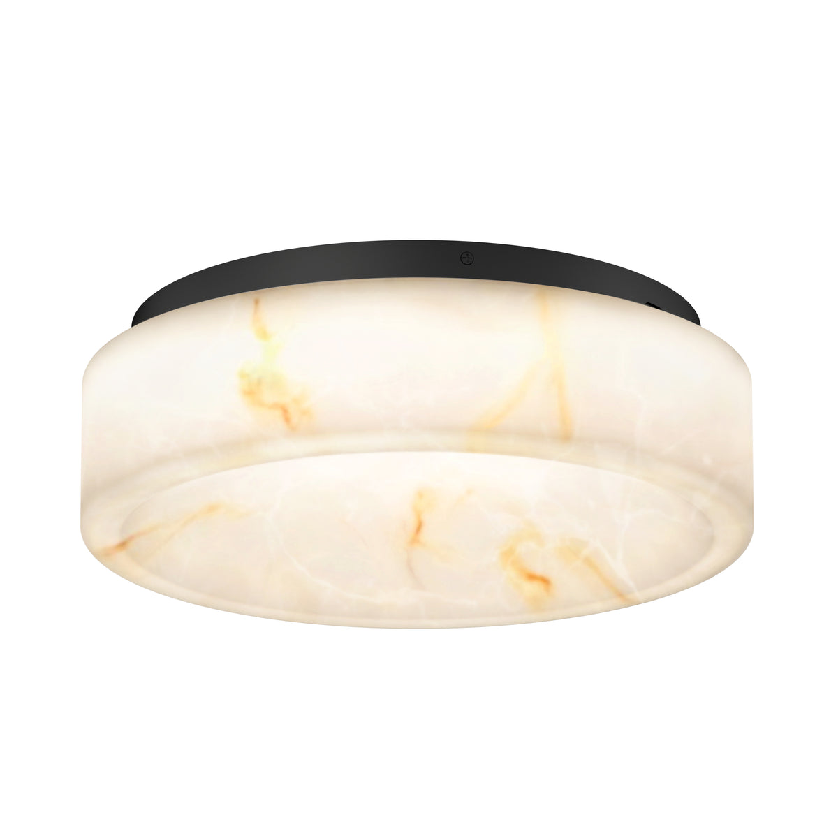 The Artika Clifford 15 in. flush mount light features a round, marble-patterned white shade with brown and gold veining, paired with a black circular base and selectable 5 CCT color settings for modern style.