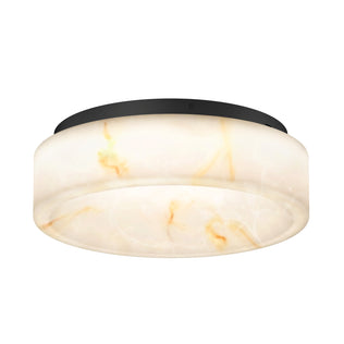The Artika Clifford 15 in. flush mount light features a round, marble-patterned white shade with brown and gold veining, paired with a black circular base and selectable 5 CCT color settings for modern style.