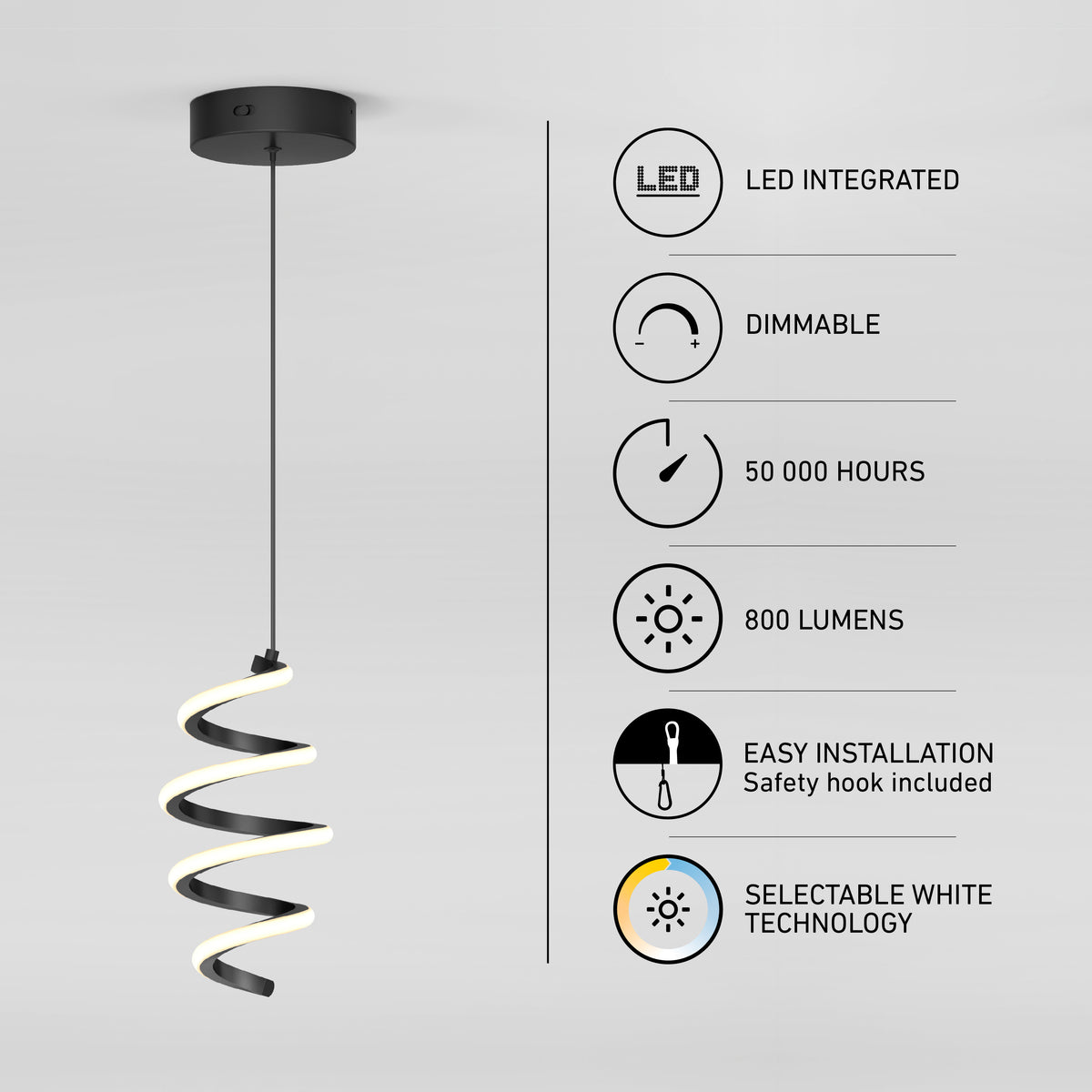 The Artika Chorus 1-light LED pendant hangs from the ceiling, with icons noting its features: integrated LED, dimmable, 50,000-hour lifespan, 800 lumens, easy to install, and adjustable white (5 CCT) technology.