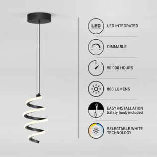 The Artika Chorus 1-light LED pendant hangs from the ceiling, with icons noting its features: integrated LED, dimmable, 50,000-hour lifespan, 800 lumens, easy to install, and adjustable white (5 CCT) technology.
