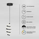 A modern spiral LED pendant light hangs from the ceiling. Beside it, icons highlight features: LED integrated, dimmable, 50,000 hours lifespan, 800 lumens, easy installation with safety hook, and selectable white technology.