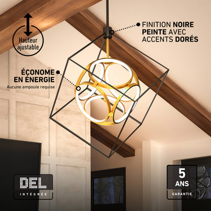 Artika Luxury LED pendant light featuring geometric gold rings within a black frame, adjustable height, energy-efficient tech, and 5-year warranty.