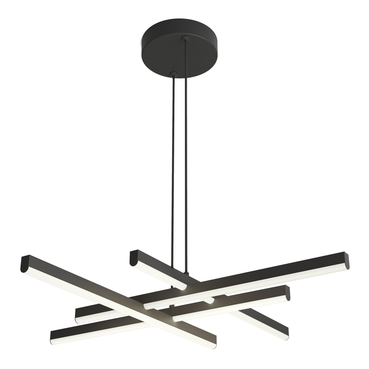 A modern black ceiling pendant light fixture with intersecting horizontal bars, each containing LED light strips, suspended from a round ceiling mount by two cords.