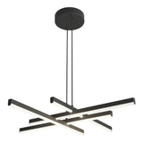 A modern black ceiling pendant light fixture with intersecting horizontal bars, each containing LED light strips, suspended from a round ceiling mount by two cords.