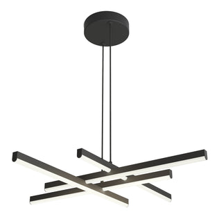 The Artika Grid LED pendant light features intersecting black metal bars with integrated LED strips, suspended by two cords from a round black ceiling mount.