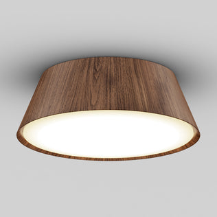 The Artika Dunham 15 in. LED flush mount light features a walnut-finish shade and dimmable white center on a gray backdrop.