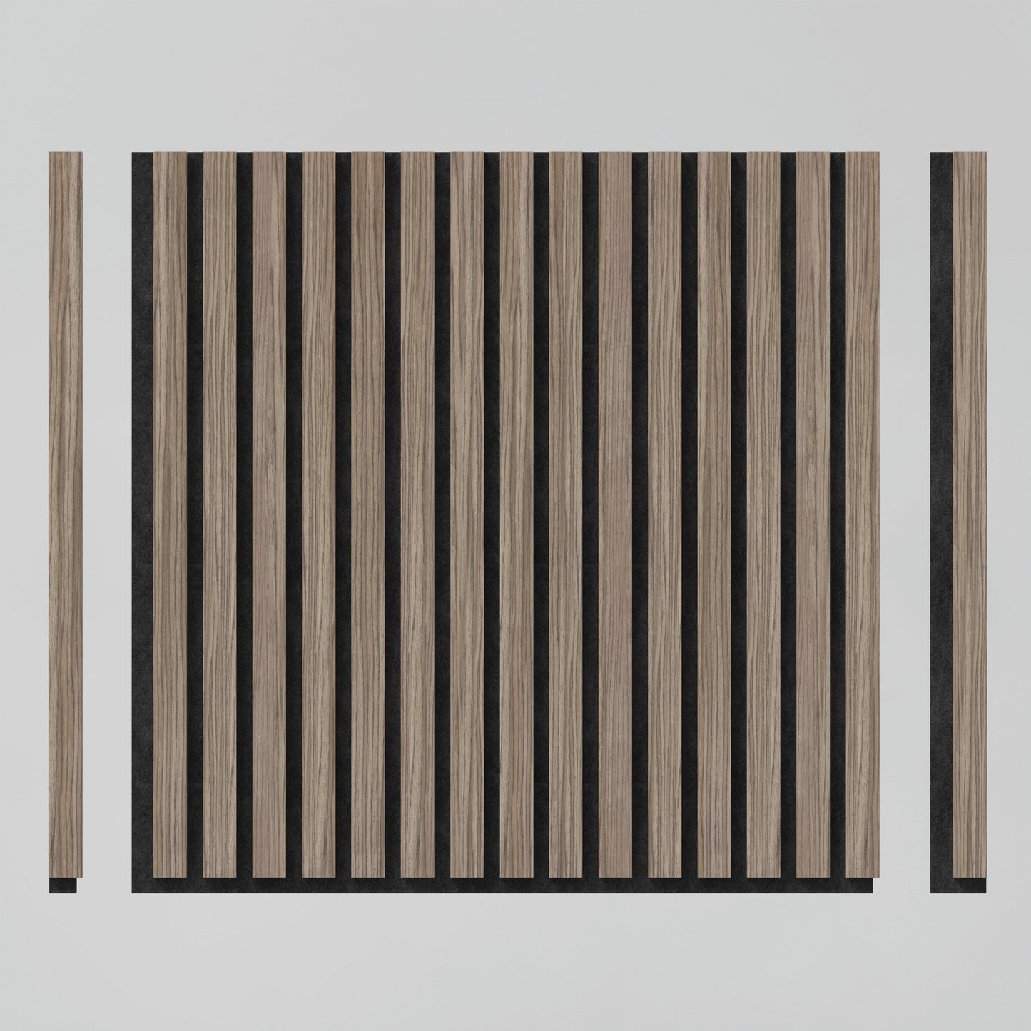 The Artika-CAN-dev Sonolok 15.5 ft sound-absorbing wall panel kit features square wood panels with evenly spaced vertical natural-finish slats over a black background, plus extra matching slats for side installation on white surfaces.