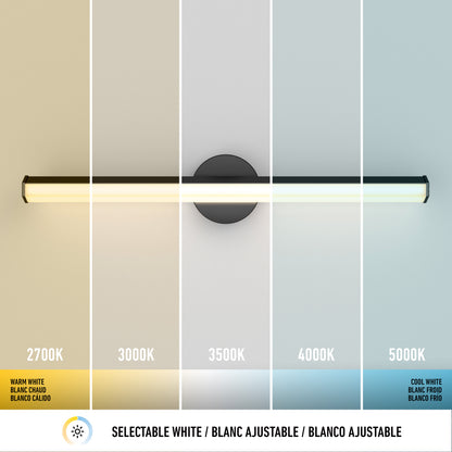 The Artika Ewen modern LED bathroom vanity light 5 CCT offers five selectable white color temperatures—2700K, 3000K, 3500K, 4000K, and 5000K—ranging from warm to cool white for versatile wall-mounted lighting.