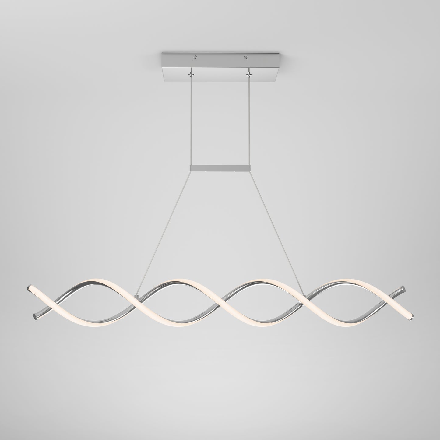 The Artika DNA Linear LED modern pendant light features two intertwined wave-shaped LED bars suspended from a rectangular base by thin wires, displayed against a plain white background.