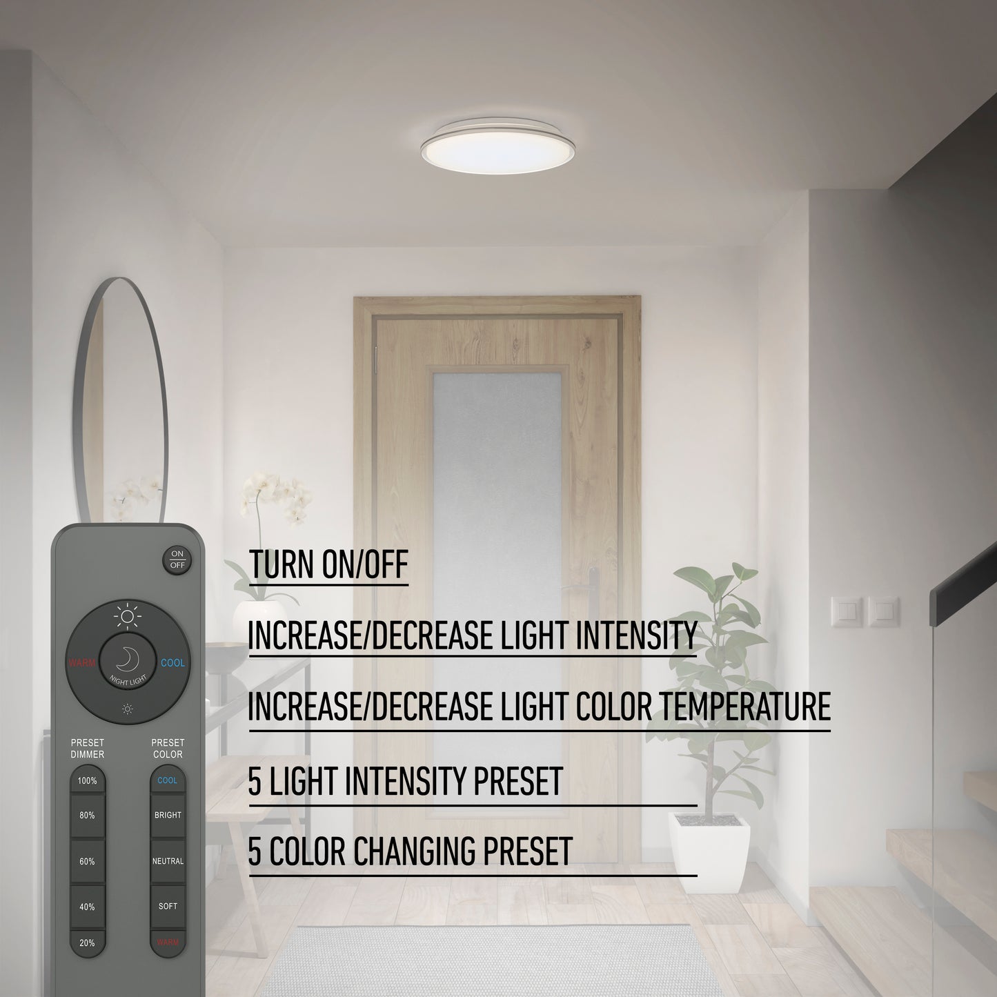 A modern hallway features the Artika Astrid 16.5 in. LED flush mount light (5 CCT) with remote, with on-screen text showing functions like on/off, adjusting intensity and color temperature, and using light or color presets.