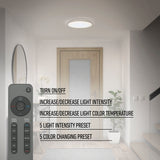 A modern hallway with a round ceiling light, a staircase, and a wooden door. Overlay text lists remote control light functions: on/off, adjust intensity, change color temperature, and presets. A remote control is shown on the left.