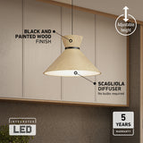 A modern pendant light with a black and painted wood finish and a Scagliola diffuser, hanging in a room with beige panel walls. Text highlights features: adjustable height, integrated LED, 5-year warranty.
