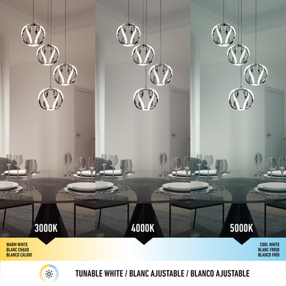 Three modern dining rooms feature the Artika Vivaldi LED 4-light pendant set to warm white (3000K), neutral white (4000K), and cool white (5000K), highlighting its versatile lighting effects.