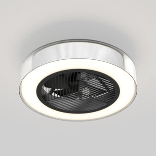 The Artika Groove 20 in. LED modern ceiling fan features a sleek black and white look, vented cover, built-in LED ring, and three speeds with remote, all mounted on a plain white ceiling.