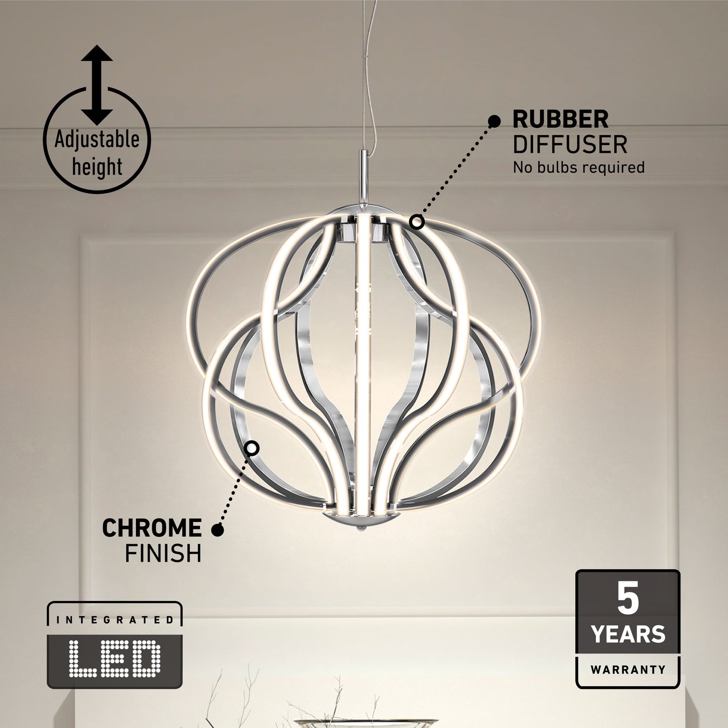 The Artika Meridian LED pendant light features a modern chrome finish, integrated LED, adjustable height, looped design, rubber diffuser, and comes with a 5-year warranty.