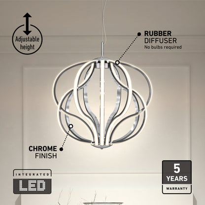 The Meridian LED pendant light by Artika features a chrome finish, rubber diffuser, adjustable height, integrated LED (no bulbs needed), and includes a 5-year warranty.