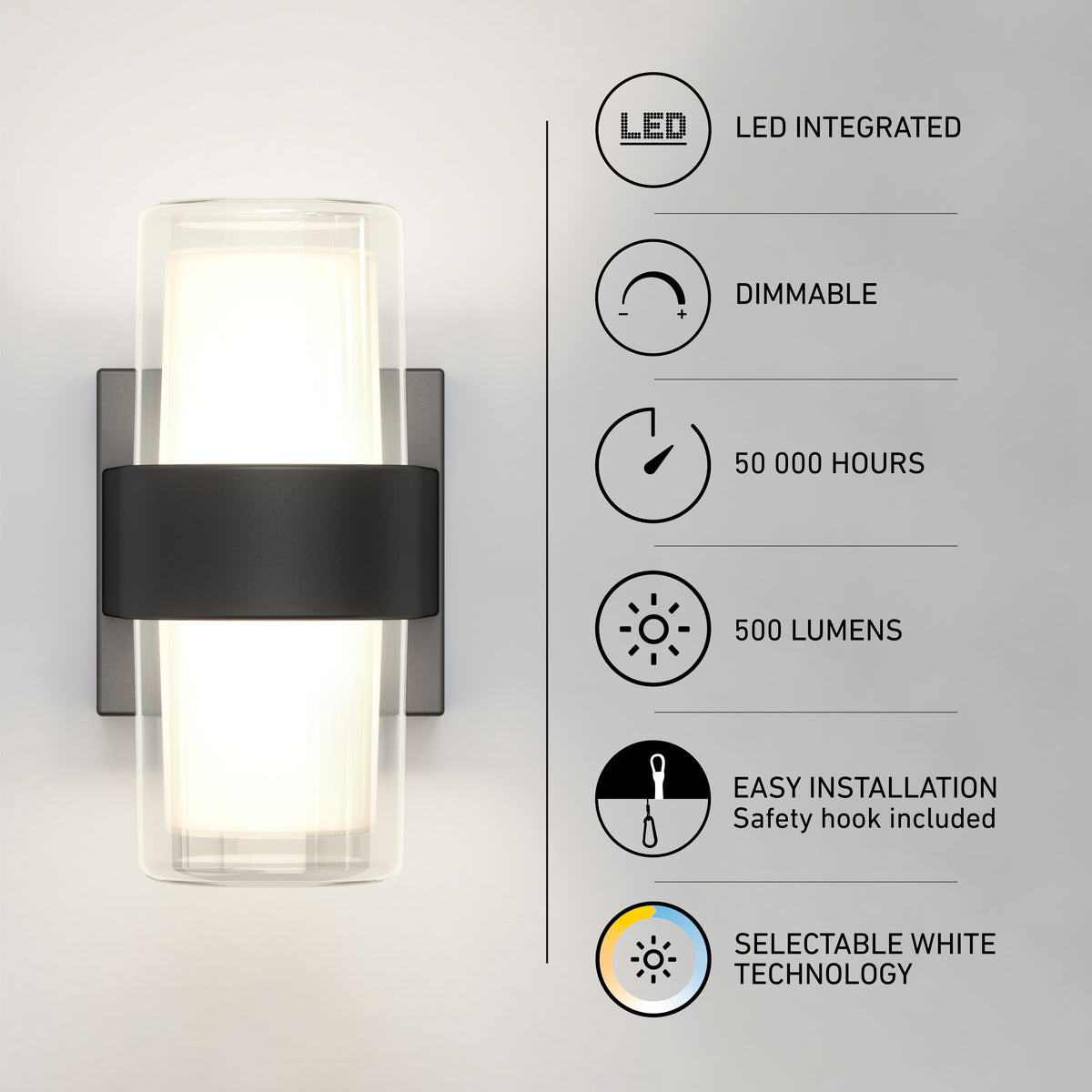 Wall sconce light with info icons: LED integrated, dimmable, 50,000 hours lifespan, 500 lumens brightness, easy installation with safety hook, and selectable white technology. Light has a black and clear modern design.