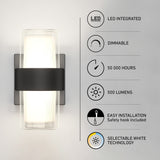 Wall sconce light with info icons: LED integrated, dimmable, 50,000 hours lifespan, 500 lumens brightness, easy installation with safety hook, and selectable white technology. Light has a black and clear modern design.