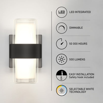 Artika’s Colton modern LED indoor-outdoor wall light (5 CCT) in black features integrated dimmable LEDs, 50,000-hour lifespan, 500 lumens, selectable white technology, and easy installation. Wall-mounted and glowing brightly.