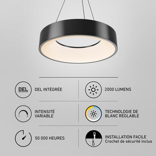 Artika Aiden LED pendant light in a black circular design, featuring 2000 lumens, dimmable tunable white, a 50,000-hour life, and easy installation.