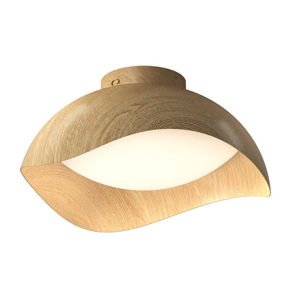 Artika Adara 15 in. (38 cm) Modern LED Flush Mount Ceiling Light 5 CCT with a curved, wood-grain exterior and a white circular diffuser.