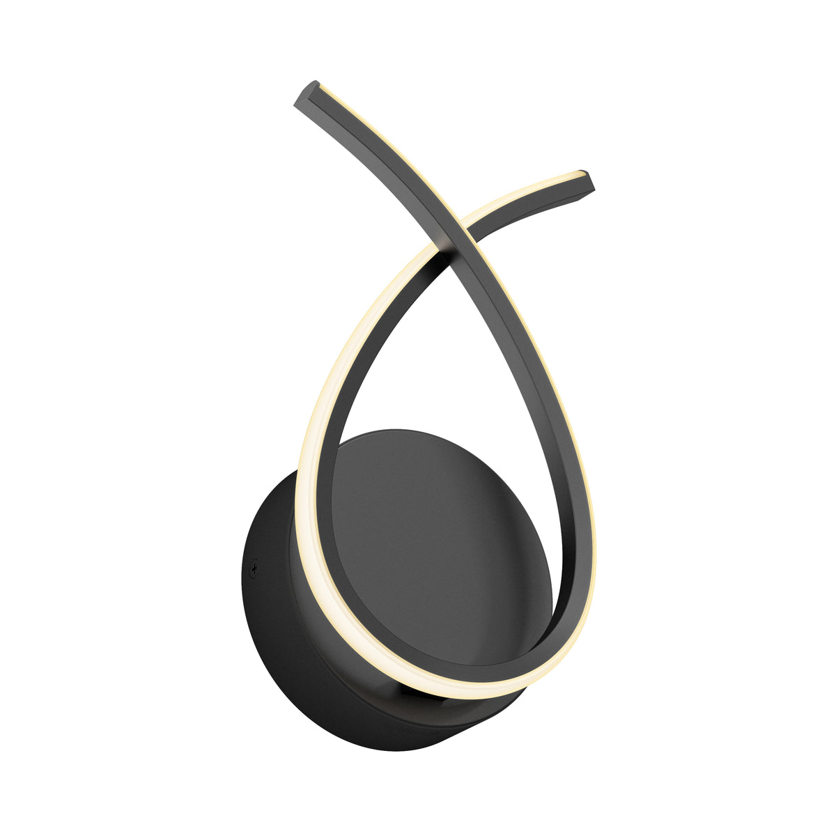 Modern wall sconce with a circular black base and two curved, crossing LED light strips forming an abstract loop design. The LED strips emit a soft, warm glow.