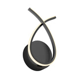 Modern wall sconce with a circular black base and two curved, crossing LED light strips forming an abstract loop design. The LED strips emit a soft, warm glow.