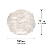 Round, white feather lampshade with soft lighting, measuring 26 cm (10.24 in) in height and 30.5 cm (12.01 in) in width. Black arrows indicate the dimensions of the lampshade.