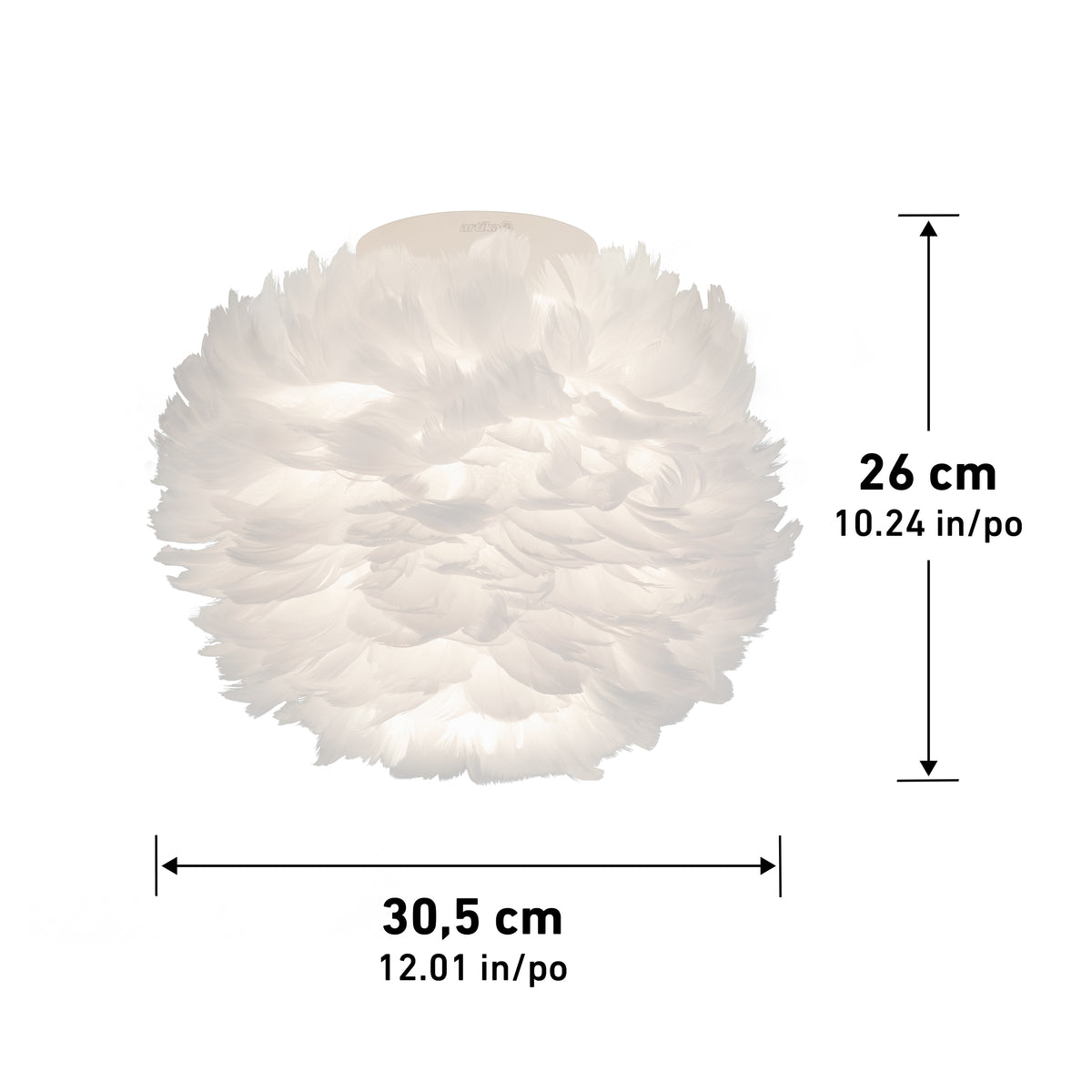 The Artika Plume LED flush mount light features a round white feather lampshade, measuring 26 cm (10.24 in) high by 30.5 cm (12.01 in) wide, with measurement arrows displayed along the right and bottom edges.
