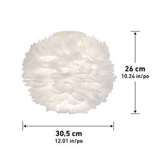 The Artika Plume LED flush mount light features a round white feather lampshade, measuring 26 cm (10.24 in) high by 30.5 cm (12.01 in) wide, with measurement arrows displayed along the right and bottom edges.