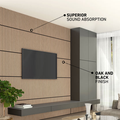 Modern living room with Artika Sonolok 15.5 ft sound-absorbing wall panel kit (4-pack), TV, black cabinets, and oak/black finish.