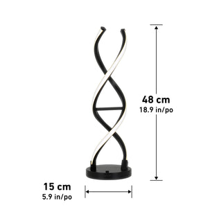 The Artika Swirl LED table lamp features a black base and twisted dimmable LED strips, measuring 48 cm tall by 15 cm wide, displayed against a white background with labeled dimensions.