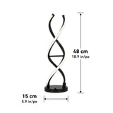 A modern black spiral LED table lamp stands on a round base. It measures 48 cm (18.9 in) tall and 15 cm (5.9 in) wide, with two intertwined light strips forming a twisted design.