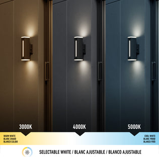 Artika's Linea Square LED indoor-outdoor wall light 3 CCT displays selectable white lighting in warm (3000K), neutral (4000K), and cool (5000K) tones, with a color temperature scale shown below.