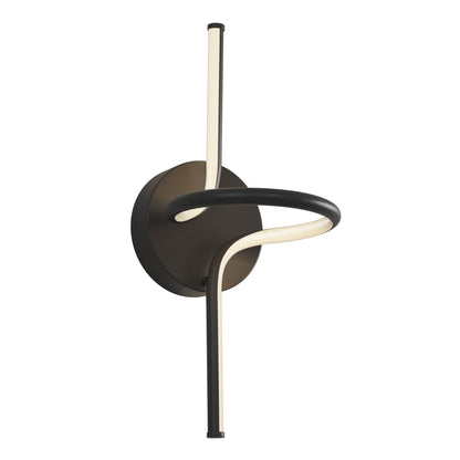 The Artika Swirl LED Sconce features a black circular base and a curved LED light tube, offering a contemporary, sculptural look.