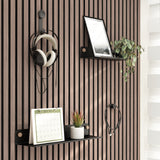 A modern slatted wood wall with two black shelves holding a framed photo, a potted plant, a small succulent, and a July 2023 calendar. Headphones and a charging cable hang from wall hooks. Light filters in from the right.
