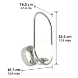 A modern wall sconce with a round base, curved metallic frame, and a glowing spherical bulb, shown with dimensions: 16.5 cm wide, 18.5 cm deep, and 32.5 cm tall. Measurements are in cm and inches.