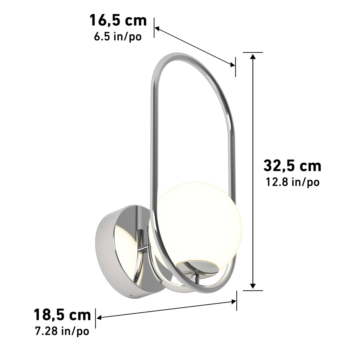 The Bloom LED Sconce 3 CCT by Artika is a chrome wall light with a round base, oval frame, and white globe shade. It measures 16.5 cm wide, 32.5 cm tall, and 18.5 cm deep; inch measurements are also provided.