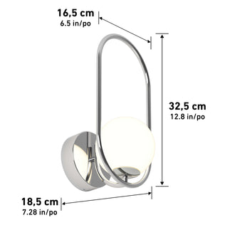 The Bloom LED Sconce 3 CCT by Artika is a chrome wall light with a round base, oval frame, and white globe shade. It measures 16.5 cm wide, 32.5 cm tall, and 18.5 cm deep; inch measurements are also provided.