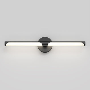 The Artika Ilona 27-in Integrated LED 5-CCT Vanity Light Bar features a sleek black horizontal bar and round base, offering soft white illumination—ideal for bathroom mirrors against a light gray backdrop.