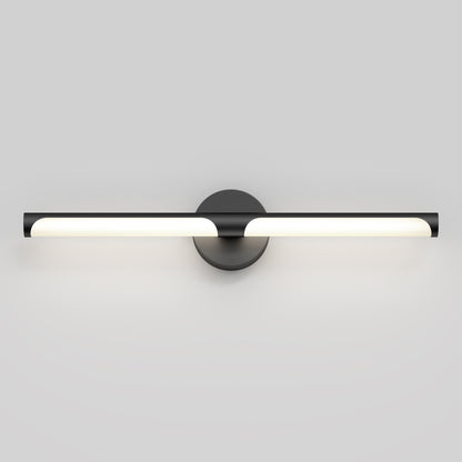 The Artika Ilona LED bathroom vanity light 5 CCT in black features a modern wall-mounted design with a horizontal bar and illuminated ends, centered on a round black base, shown against a neutral gray background.