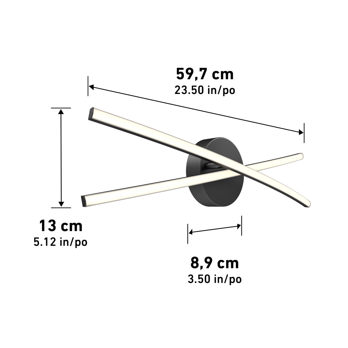 Modern wall light fixture with two crossed LED bars mounted on a circular base. Dimensions shown: 59.7 cm (23.50 in) wide, 13 cm (5.12 in) high, and 8.9 cm (3.50 in) deep.